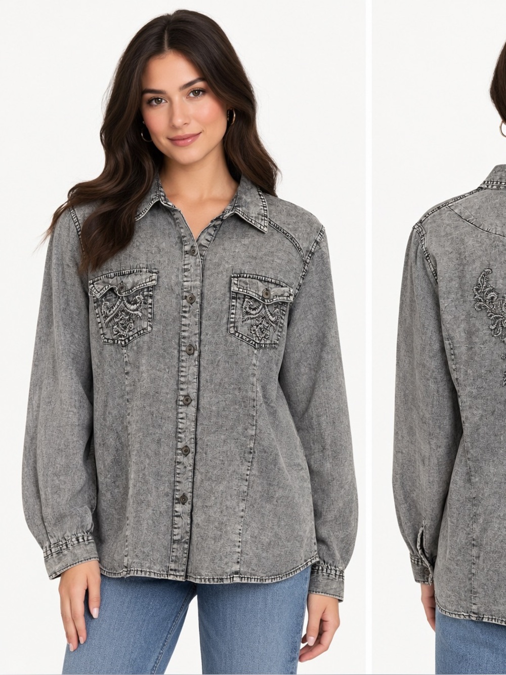 Maurices Premium Mineral Washed Grey Embroidered Button-Down Shirt Size XL
